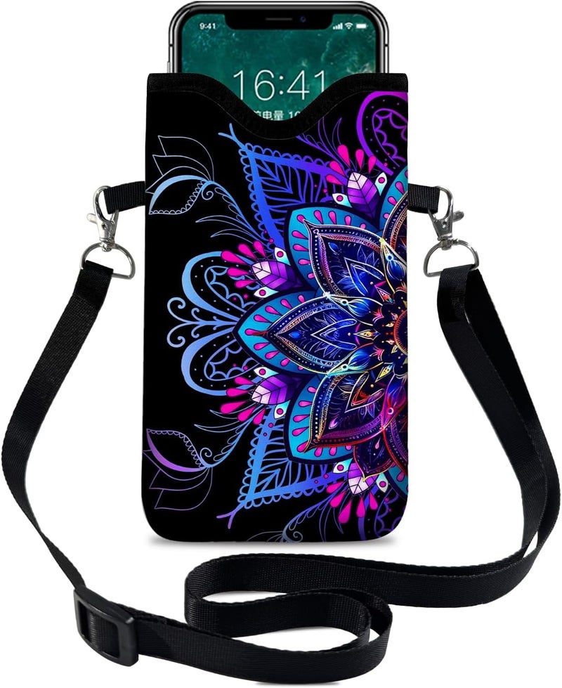 otilil Neoprene Cell Phone Sleeve Pouch Case Bag with Crossbody Strap Neck Lanyard for Women 7.1 X 3.9 in Purple Flower - Image 1